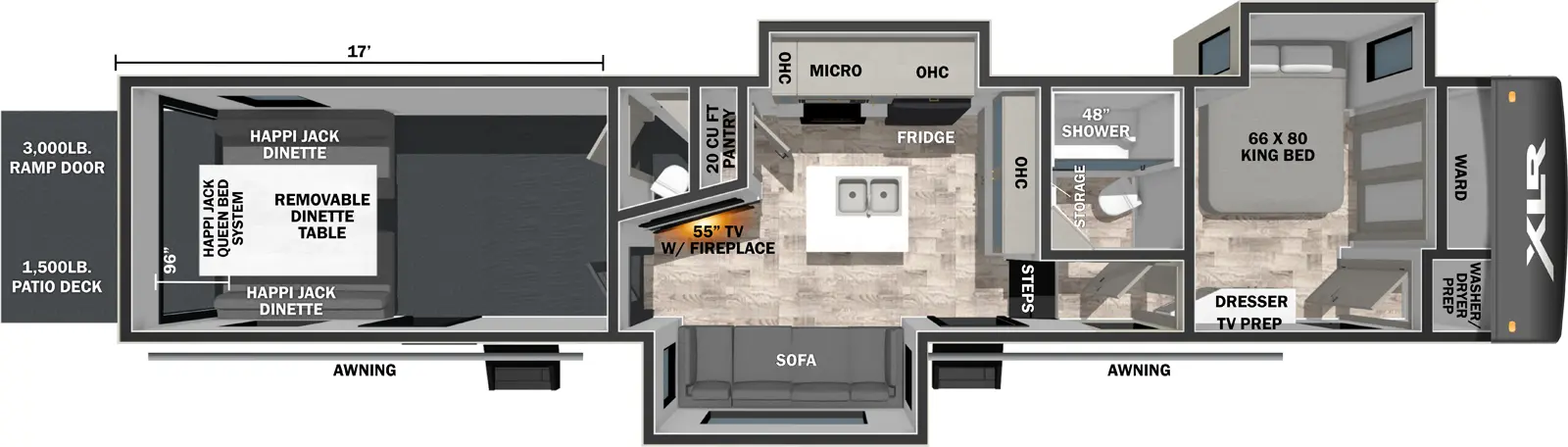 The XLR Nitro 40G17 floorplan is a toy hauler that has two entries and three slide outs. Exterior features include: fiberglass exterior. Interiors features include: kitchen island, front bedroom and bathroom and a half.